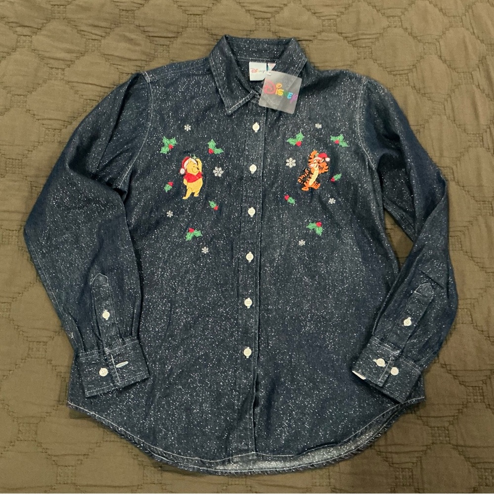 Vintage NWT Disney WINNIE THE POOH Denim Shirt Womens S Christmas Glitter Button